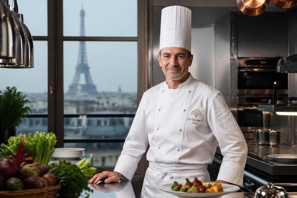 découvrez le parcours du chef étoilé du gabriel qui quitte bordeaux pour prendre les commandes des cuisines prestigieuses du george v à paris, alliant tradition et excellence gastronomique.