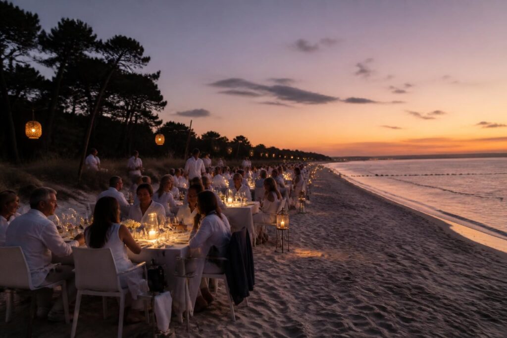 découvrez l'élégance et la magie d'une soirée blanche de prestige sur la plage de pereire, au cœur du bassin d’arcachon. une expérience unique alliant raffinement, convivialité et cadre exceptionnel.