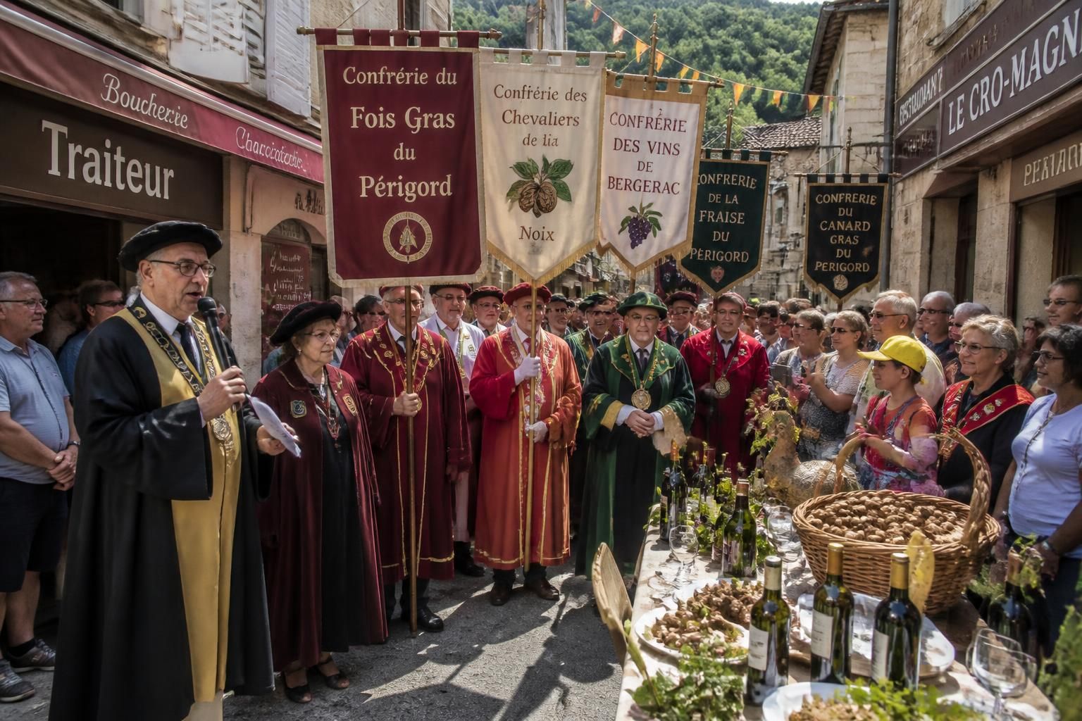 découvrez les confréries du périgord mises à l'honneur lors du passage du tour de france en dordogne, entre traditions culinaires et culturelle locale.