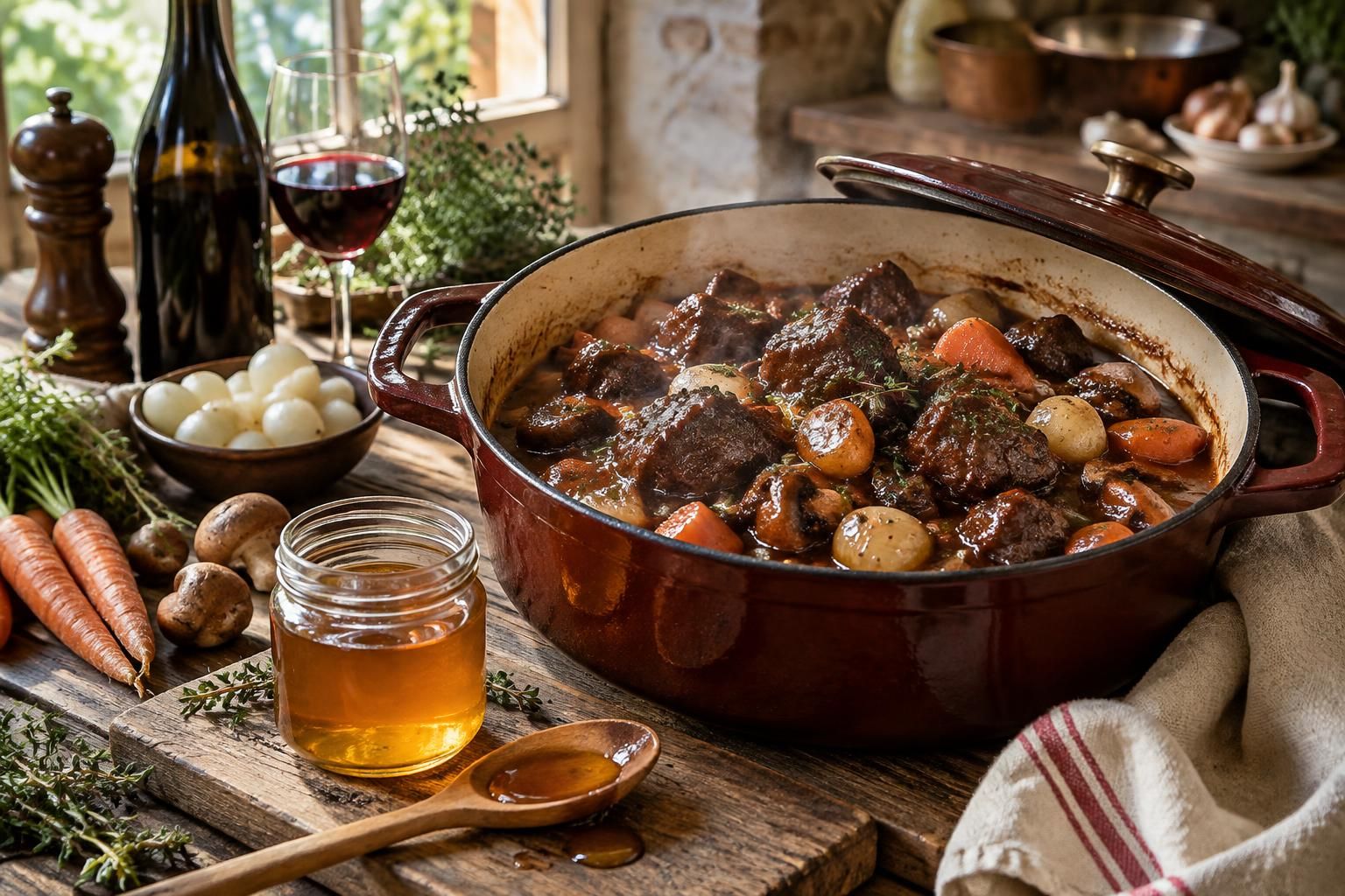 découvrez comment le miel artisanal transforme une recette et révèle ses saveurs, tout comme le bon vin fait la différence dans un bœuf bourguignon.